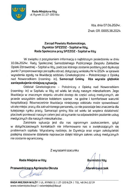 Apel Samorządu Gminy Iłżac - dotyczy likwidacji oddziału Ginekologiczno - Położniczego z opieką nad Noworodkiem. 